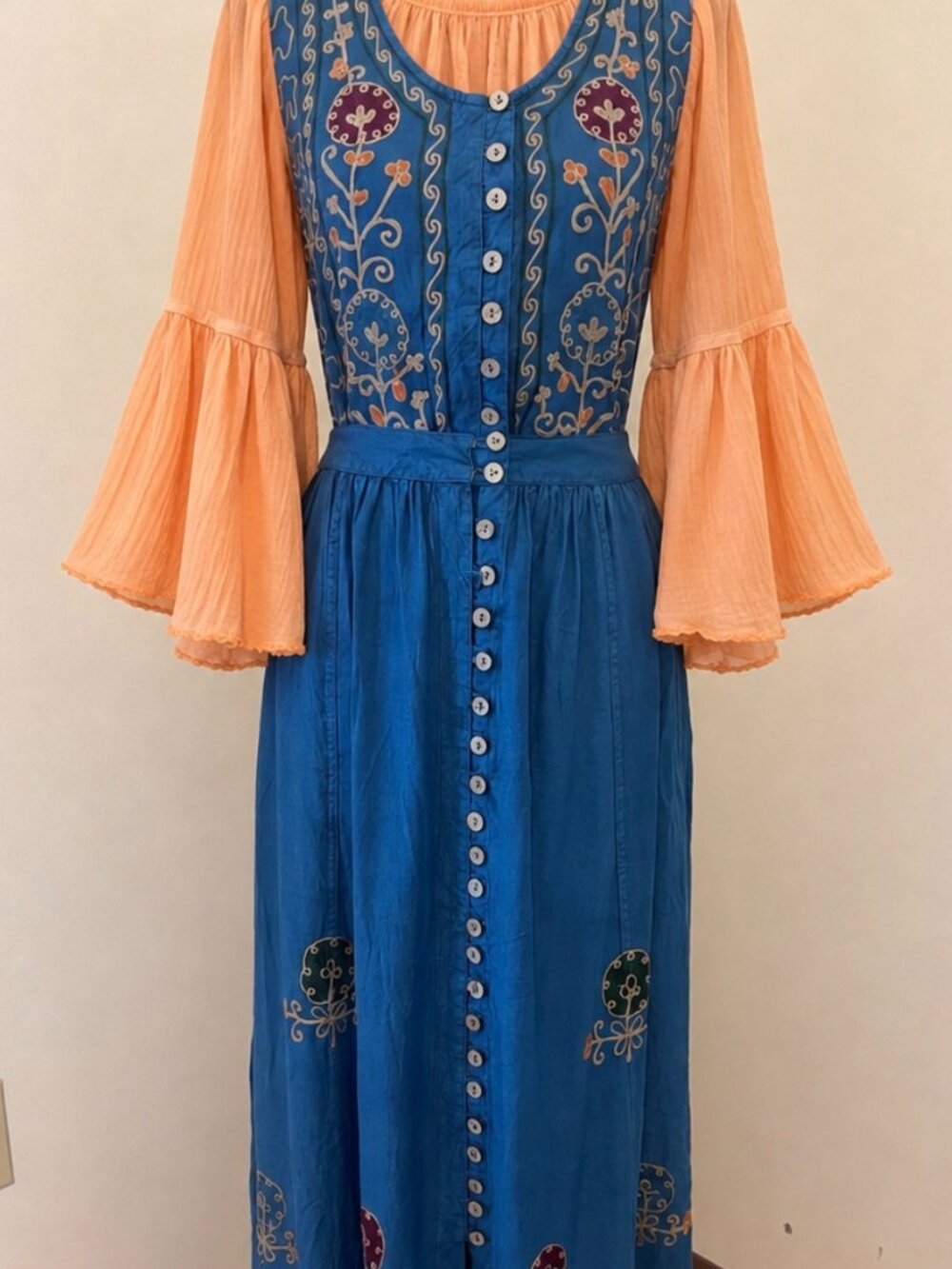 Sacred Threads Bohemian Denim Blue Embroidered Button Down Top and Skirt